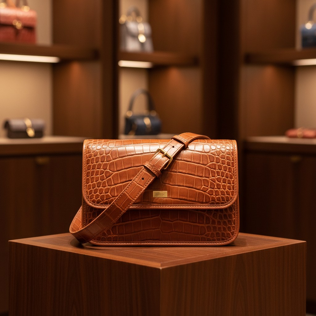Kroko baskılı cognac omuz çantası